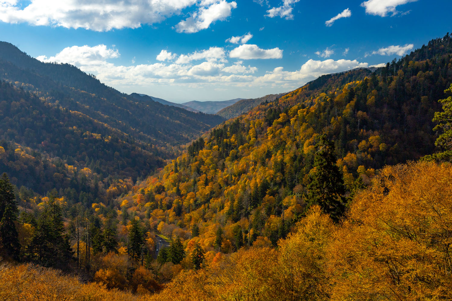 Fall's autumn colors paint the mountainsides below Morton's Overlook.