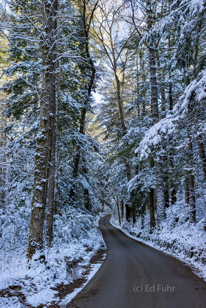 One of America's most beautiful drives curves through the pines and snow.