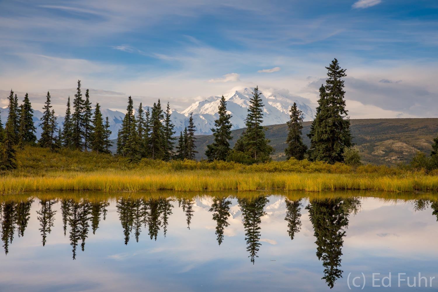 Mount Denali rises in the morning distance, reflecting in the still waters of Nugget Pond.&nbsp;&nbsp;
