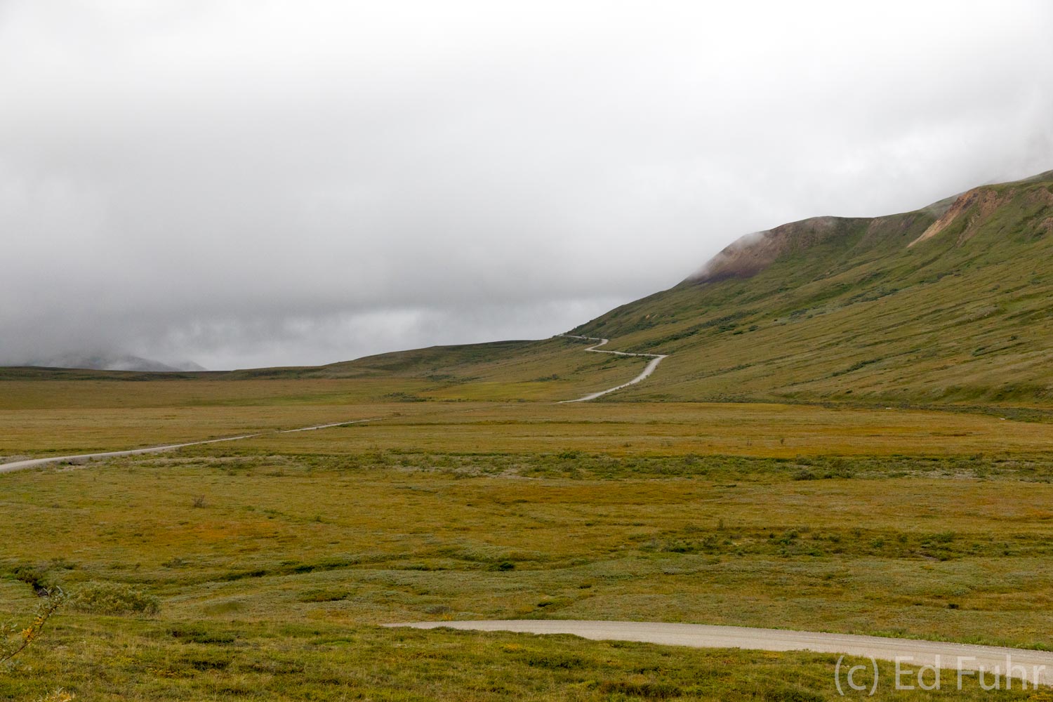 A Road Through the Valley, View From Stony Dome For more than 100 miles, the dirt Park Road crosses through the valley and atop the hills and passes leading toward Mount Denali...