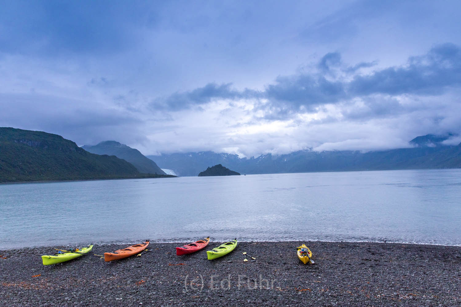 The kayaks are lined up and ready for the several mile journey across Aialik Bay.