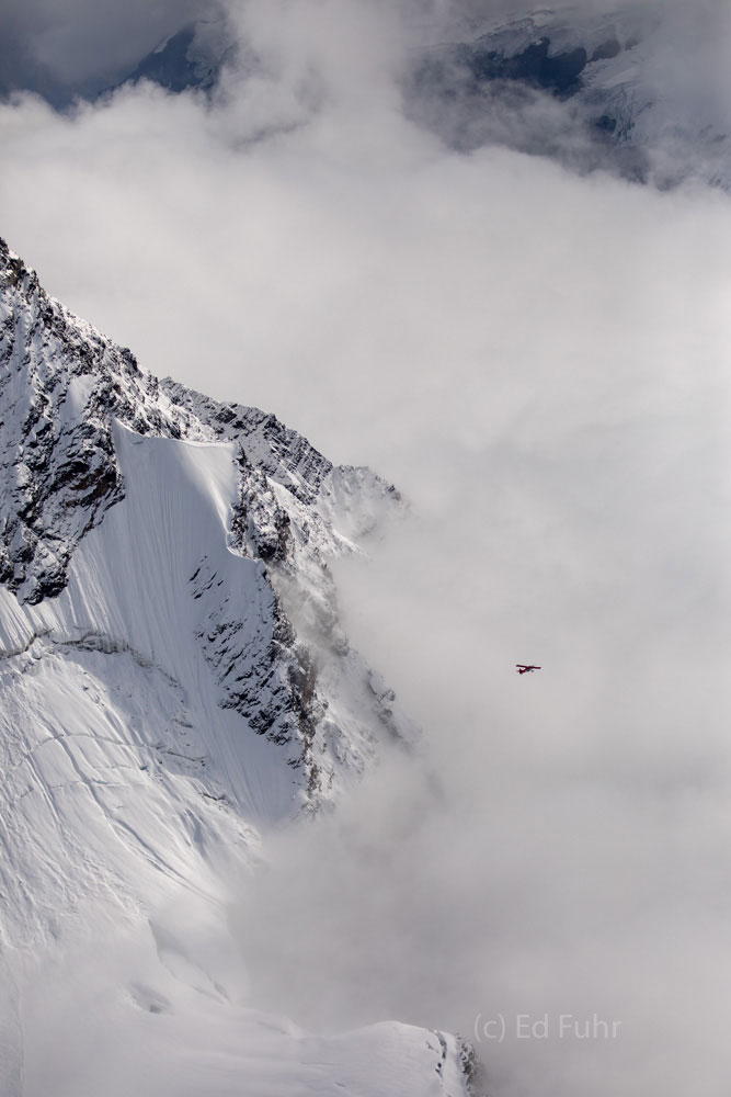 A flightseeing plane is dwarfed in the Denali mountainscape