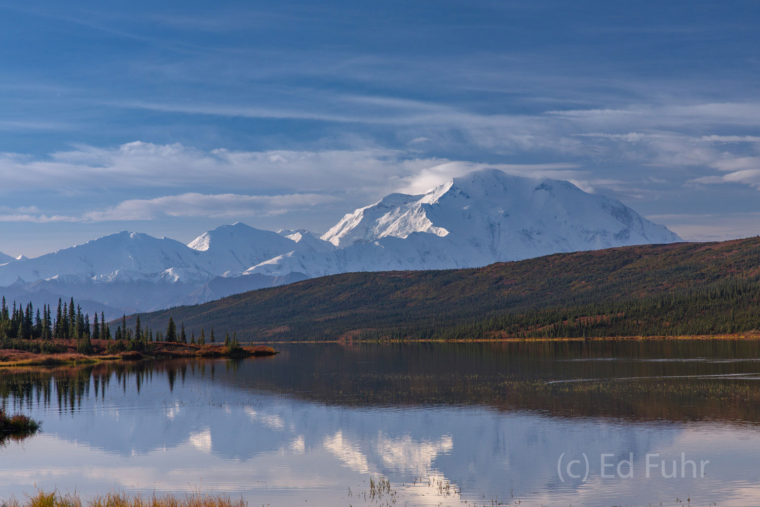 From the shoreline of Wonder Lake, Denali stands clear this September morning.