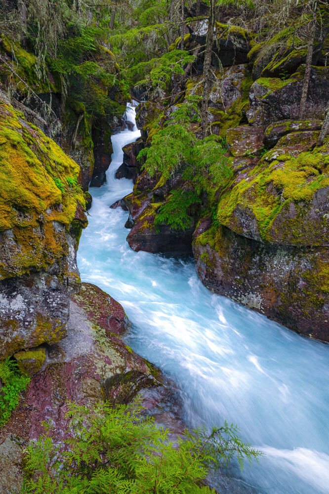 A swollen avalanche creek crashes through the narrow gorge below Avalanche Lake.