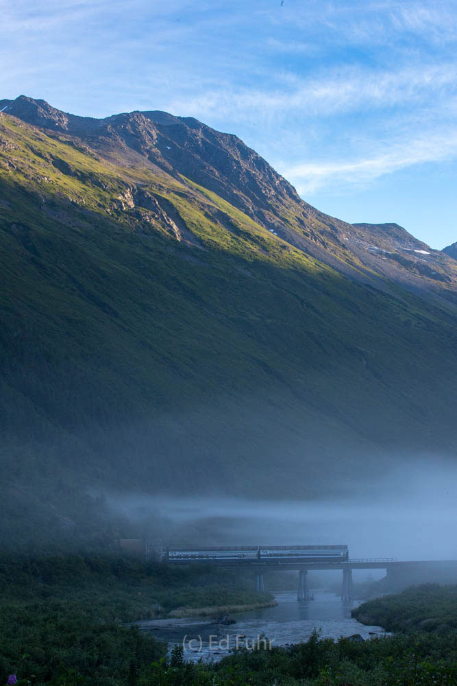 A train passes almost silenty through the fog of Chugach National Forest.