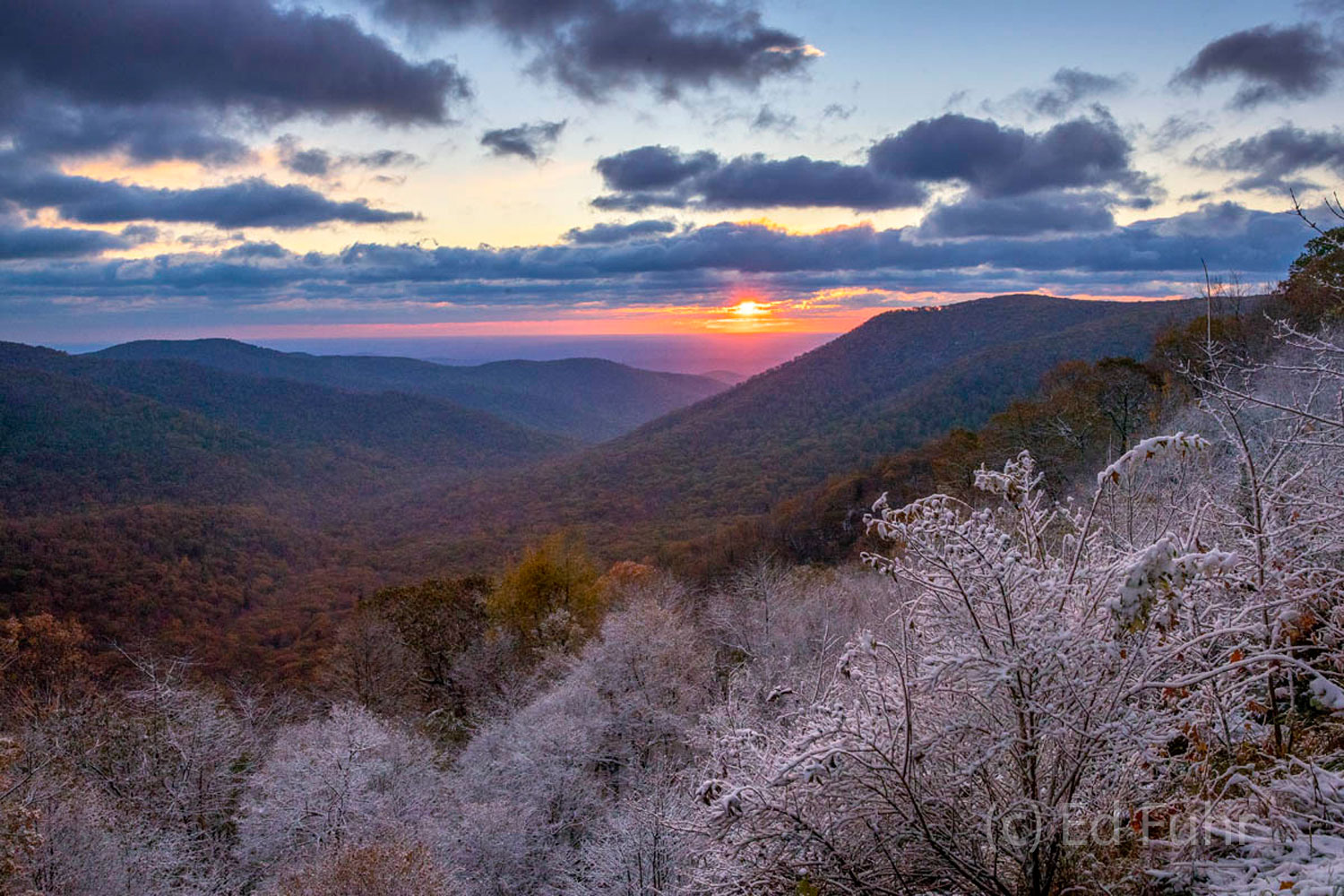 Piedmont Valley View in Snow Tunnel View Overlook provides one of the best views of the Blue Ridge mountains at sunrise, highlighted here by a light snow.