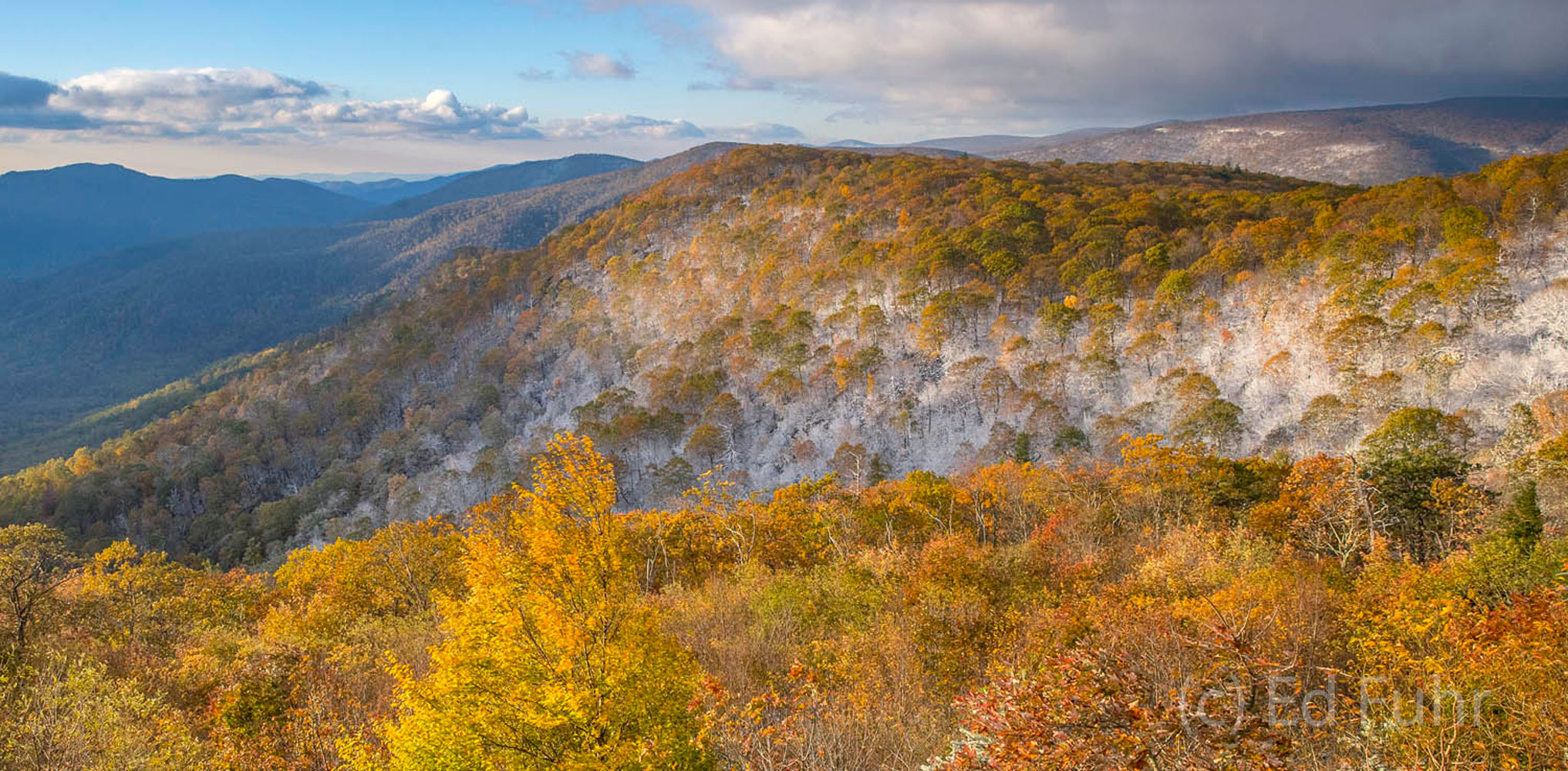 Pinnacles Overlook Panorama Fall colors are at peak and snow has fallen across the mountain tops in Shenandoah and Pinnacles Overlook.