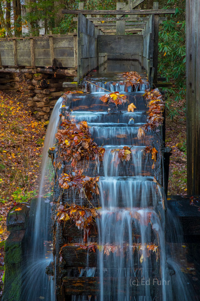The Mill Autumn leaves cling to the large wheel that turns the mill from which flour has been ground for a generations in Cades Cove.