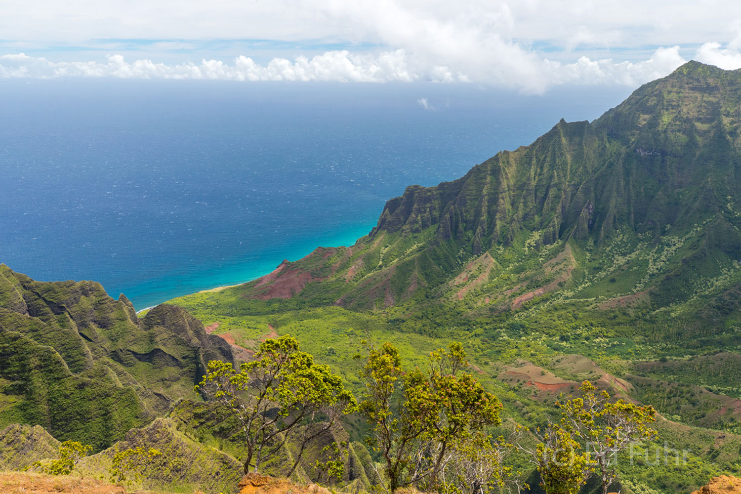 The Kalalau Valley is seen from high above along the narrow and incomparable Kalepa Ridge Trail.