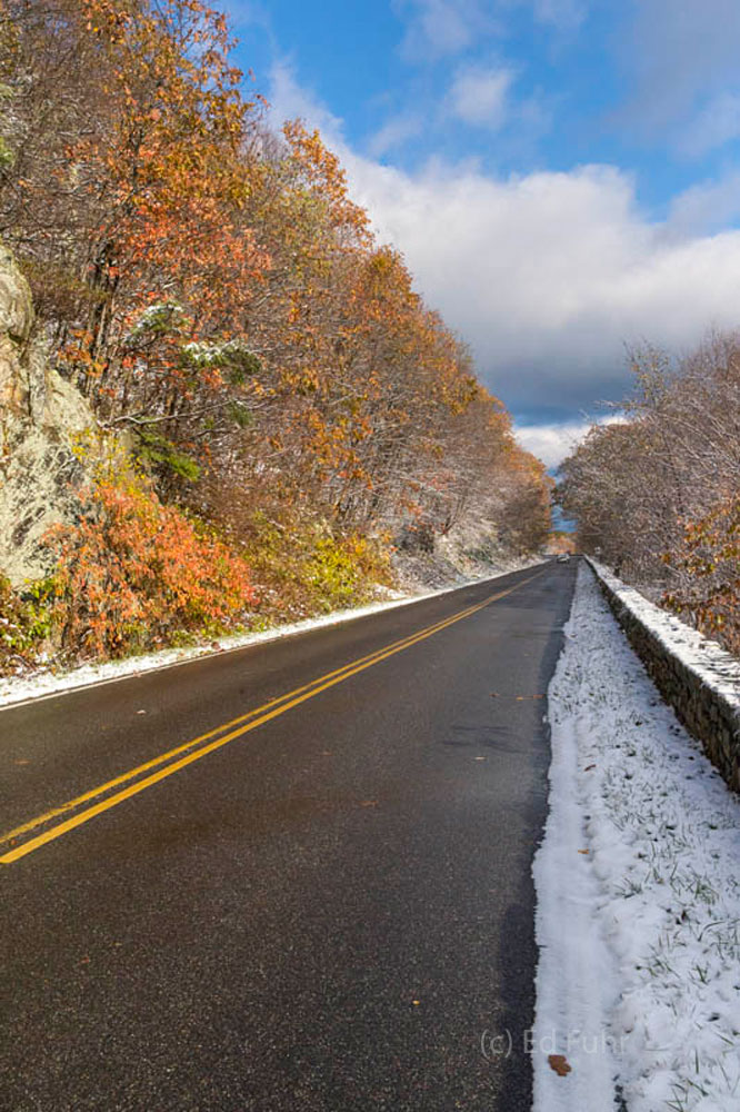 The ubiquitous rock wall, fall colors and a smatter of snow and you have the makings for a beautiful ride along Shenandoah's...