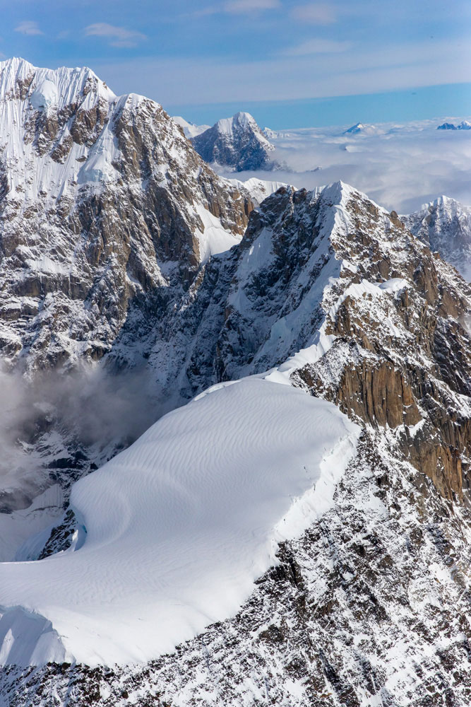 The steep walls and canyons along Denali's eastern face
