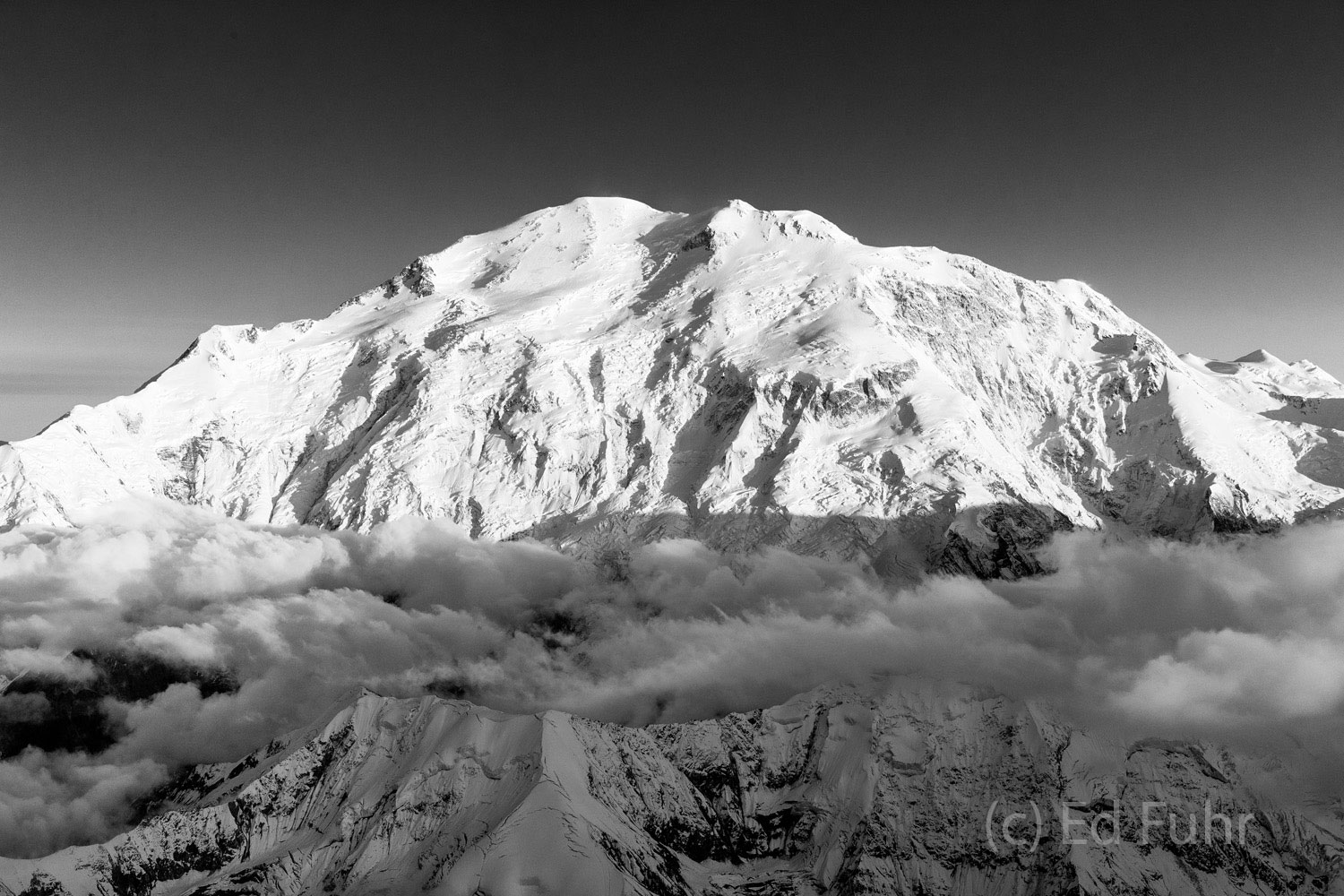 Denali's western face in black and white