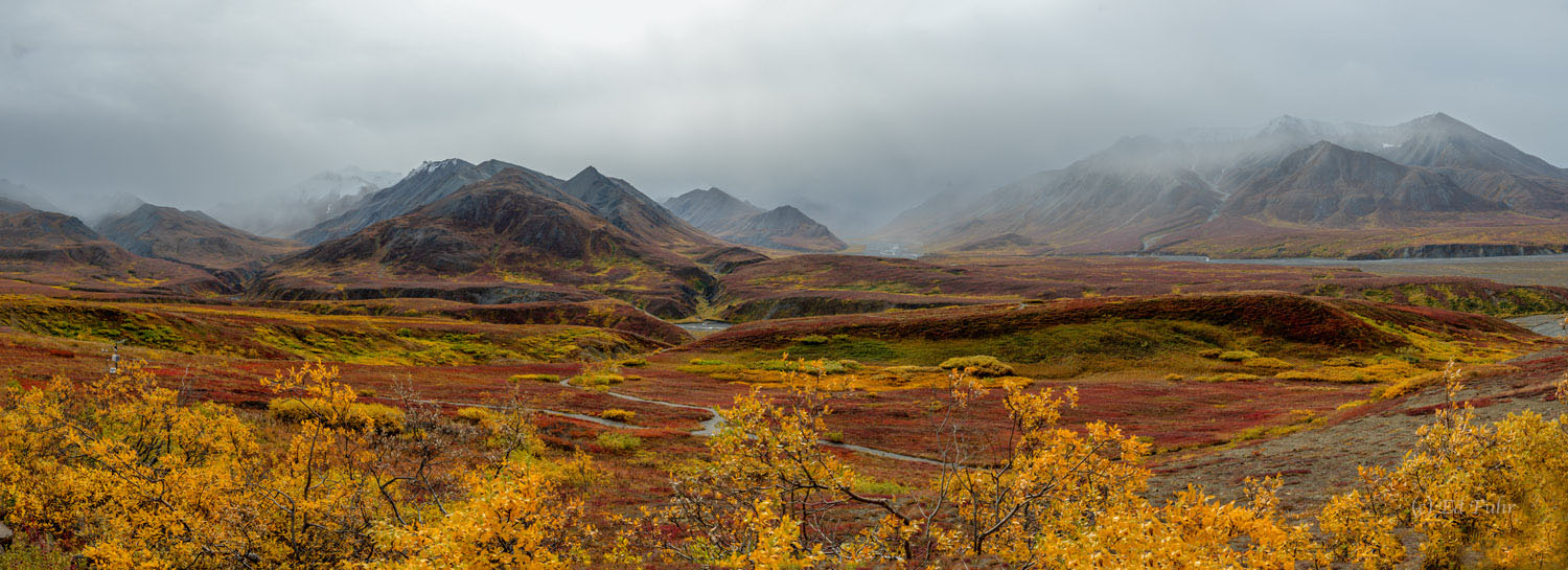 One of the most inspiring vistas in any season,  the Gorge Creek, Thorfare River bar and surrounding mountain ranges below Eielson...