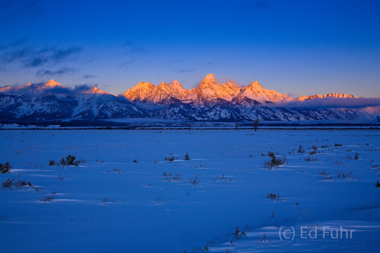 Frigid Sunrise III, 2007 Across the frozen meadows and valley, the Grand Teton mountain range is ignited by the glow of a clear winter's dawn.