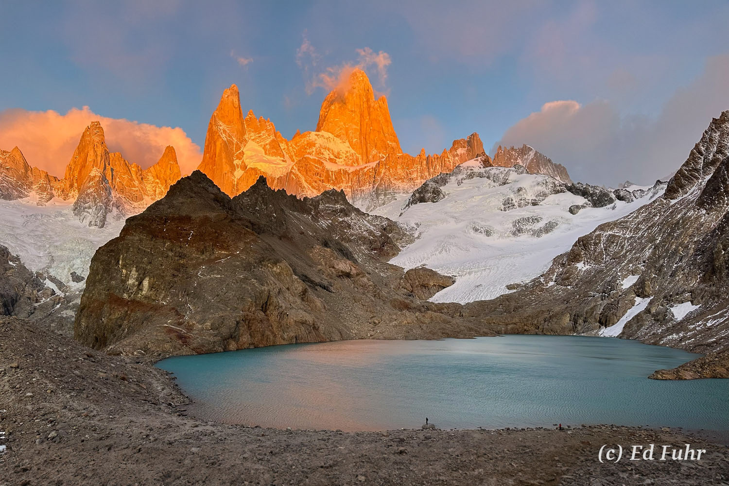 Fitz Roy Fire Sunrise at the base of Fitz Roy is truly one of the most stunning vistas in the world,