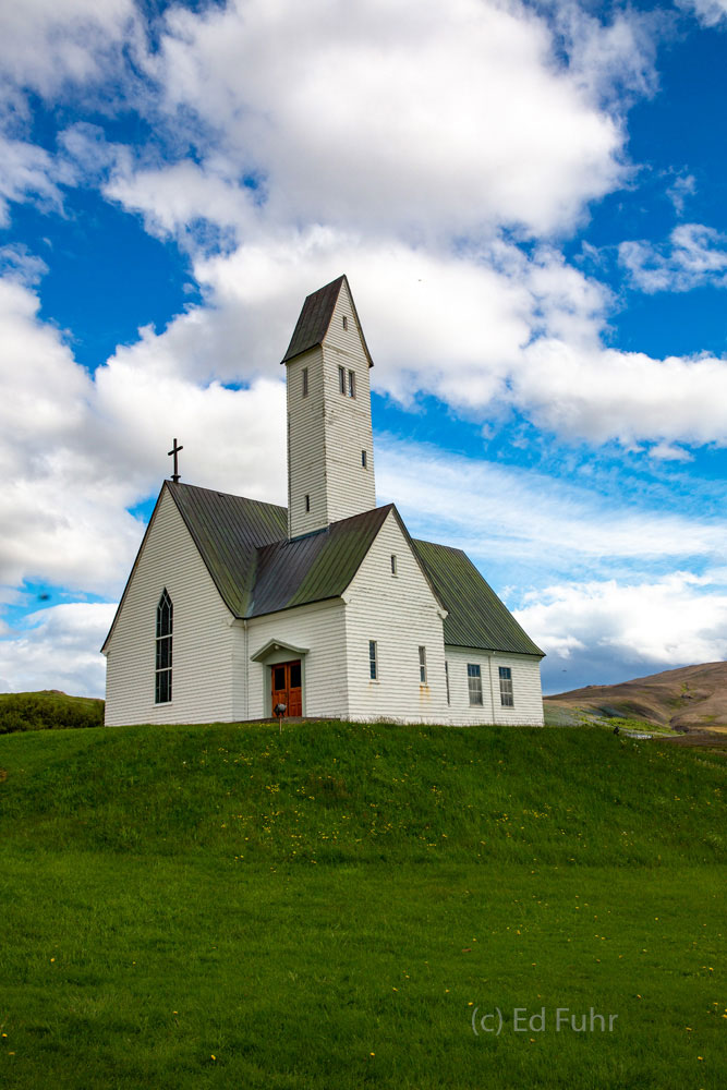 One of Iceland's many beautiful churches is Hellgrimmskirche at Sauerbae on Snaefellsness Peninsula.