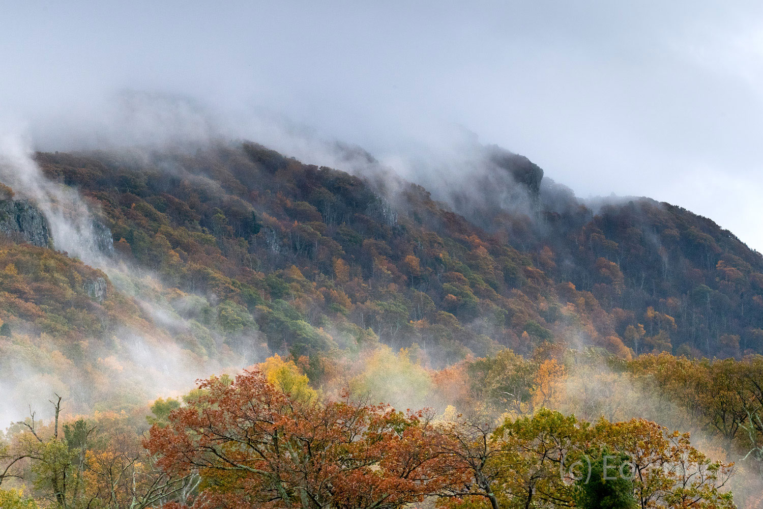 Fog Over Stony Man Mountain Fog blows across Little Stony Man Mountain as fall's color reaches peak.