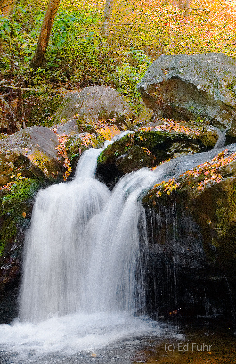 A small but beautiful falls lies just below Dark Hollow Falls, surrounded by autumn's colorful forest.