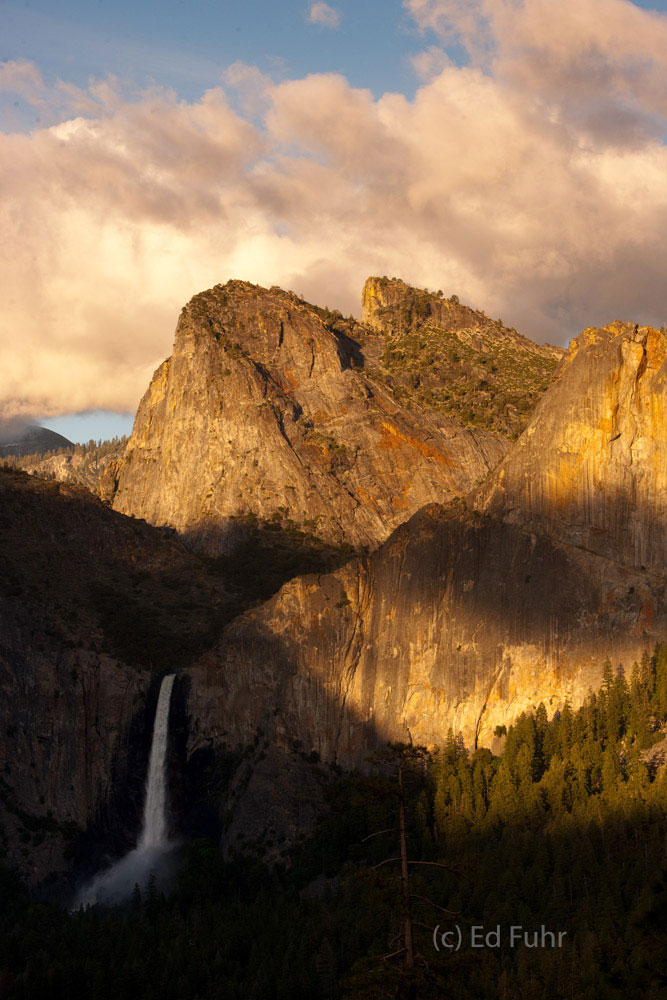 Bridalveil Falls and Half Dome catch the last rays of sun.