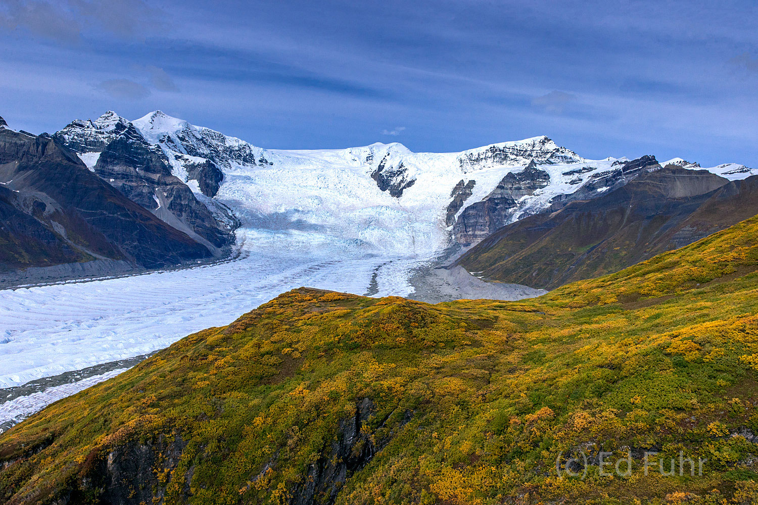 Autumn gold blankets the hillsides abutting Root Glacier.