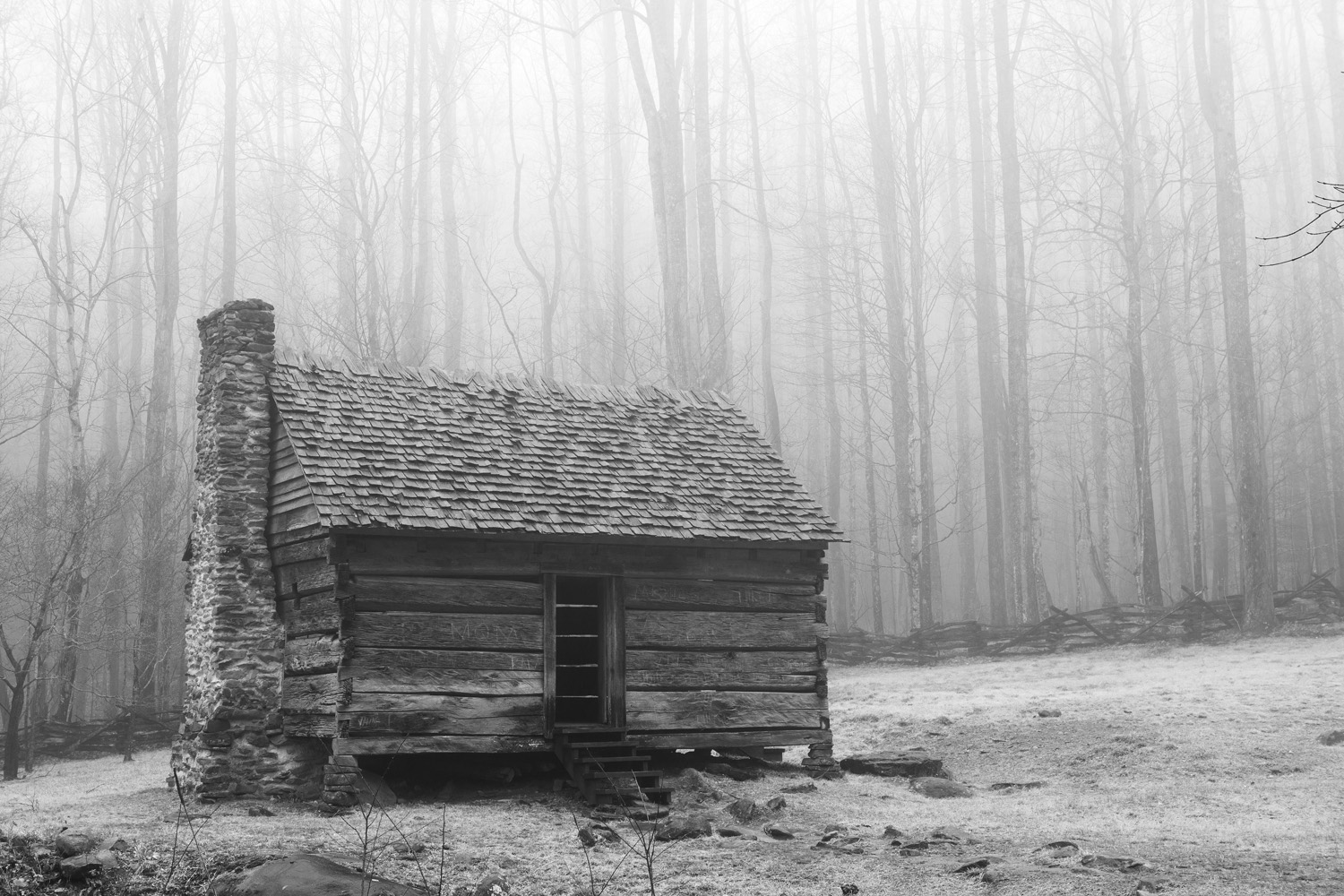 A cabin on the historic Jim Bales homestead along Roaring Fork is shrouded in fog that clings to this mountain valley.   Bales...