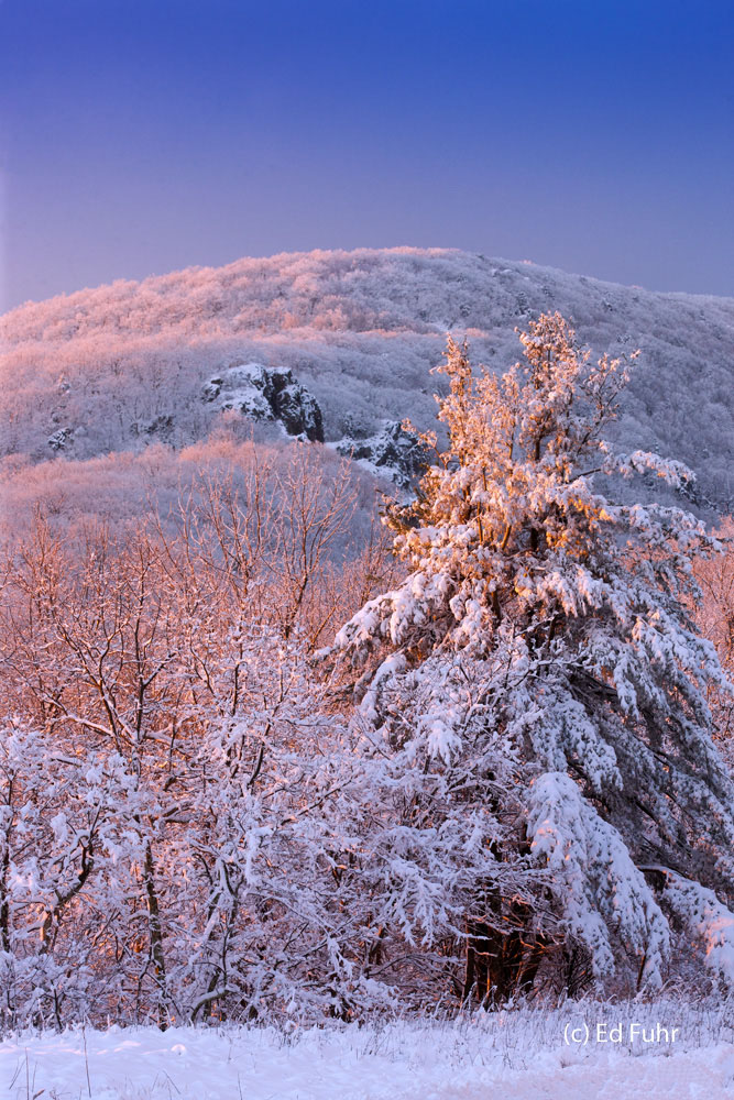 With the warm glow of the rising sun, the fading colors of dawn and deep snow, Little Stony Man Mountain is a moving spectacle...